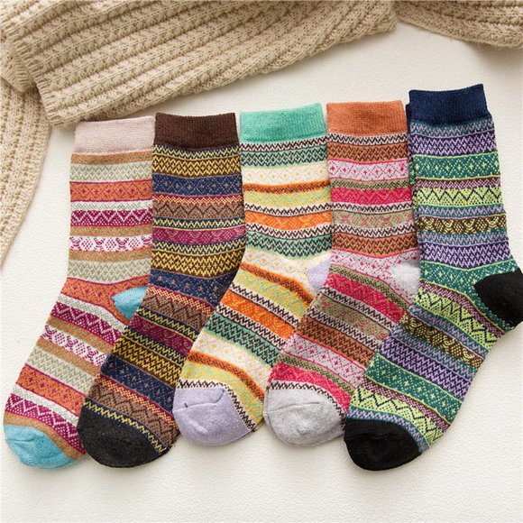 Womens 5 Pairs Vintage Style Thick Crew Socks - Picture 5 of 16